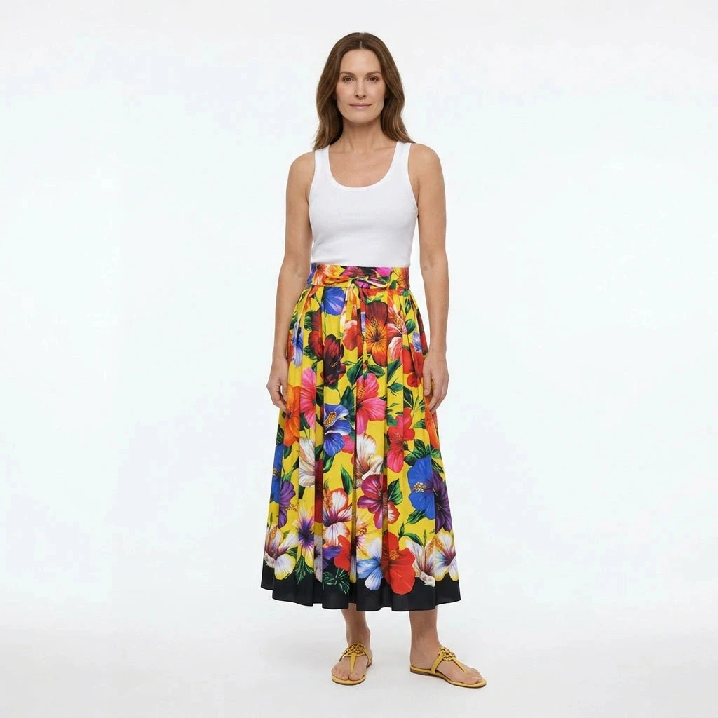 Luxury Designer Summer Women Floral Print 2 Piece Set High Quality Cotton Off-Shoulder Top & Maxi Skirt Fashion Vacation Outfit