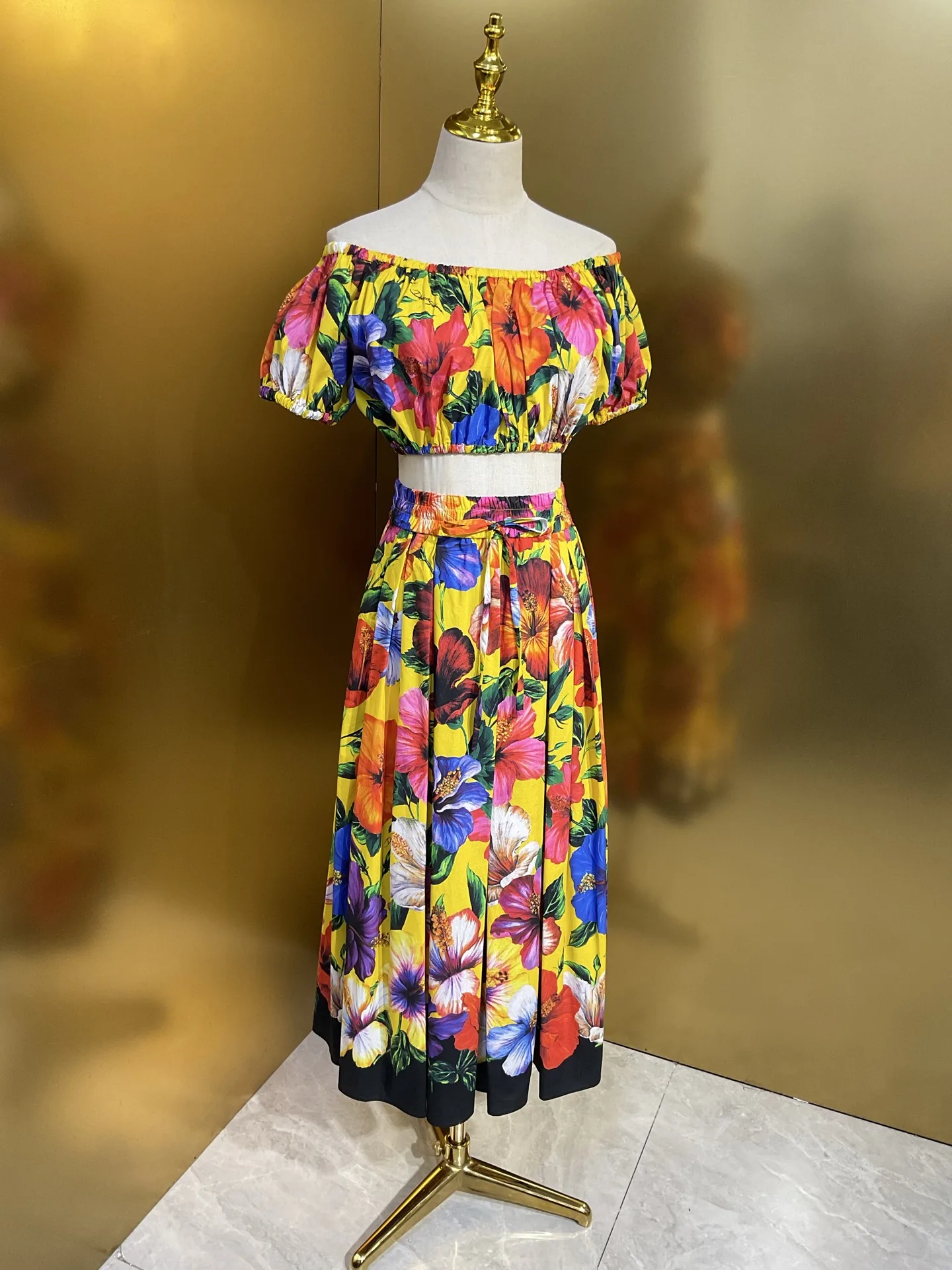 Luxury Designer Summer Women Floral Print 2 Piece Set High Quality Cotton Off-Shoulder Top & Maxi Skirt Fashion Vacation Outfit