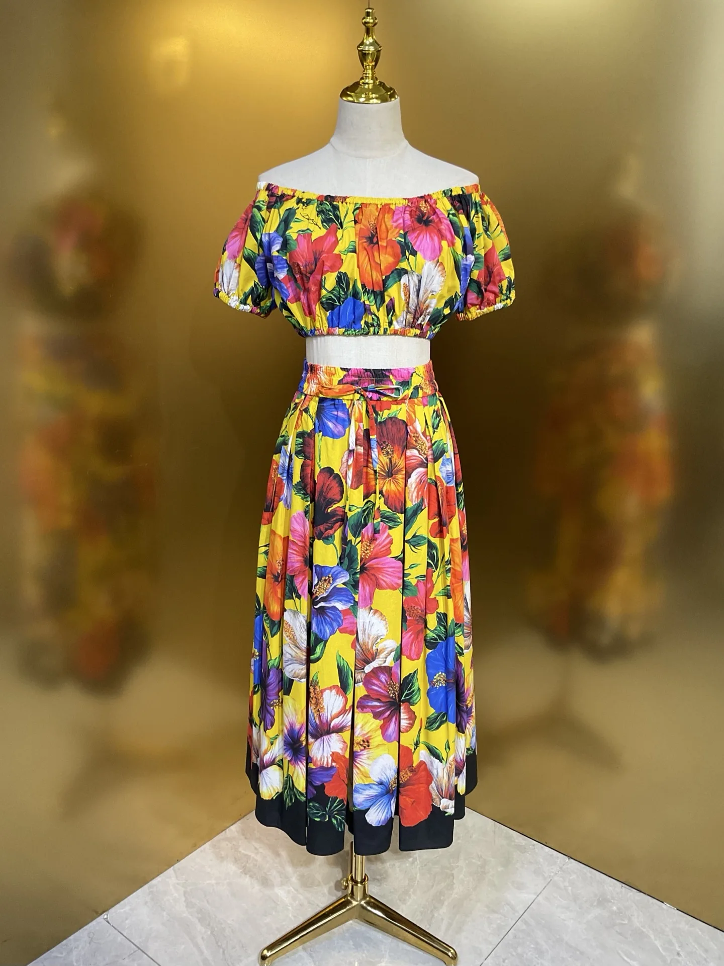 Luxury Designer Summer Women Floral Print 2 Piece Set High Quality Cotton Off-Shoulder Top & Maxi Skirt Fashion Vacation Outfit