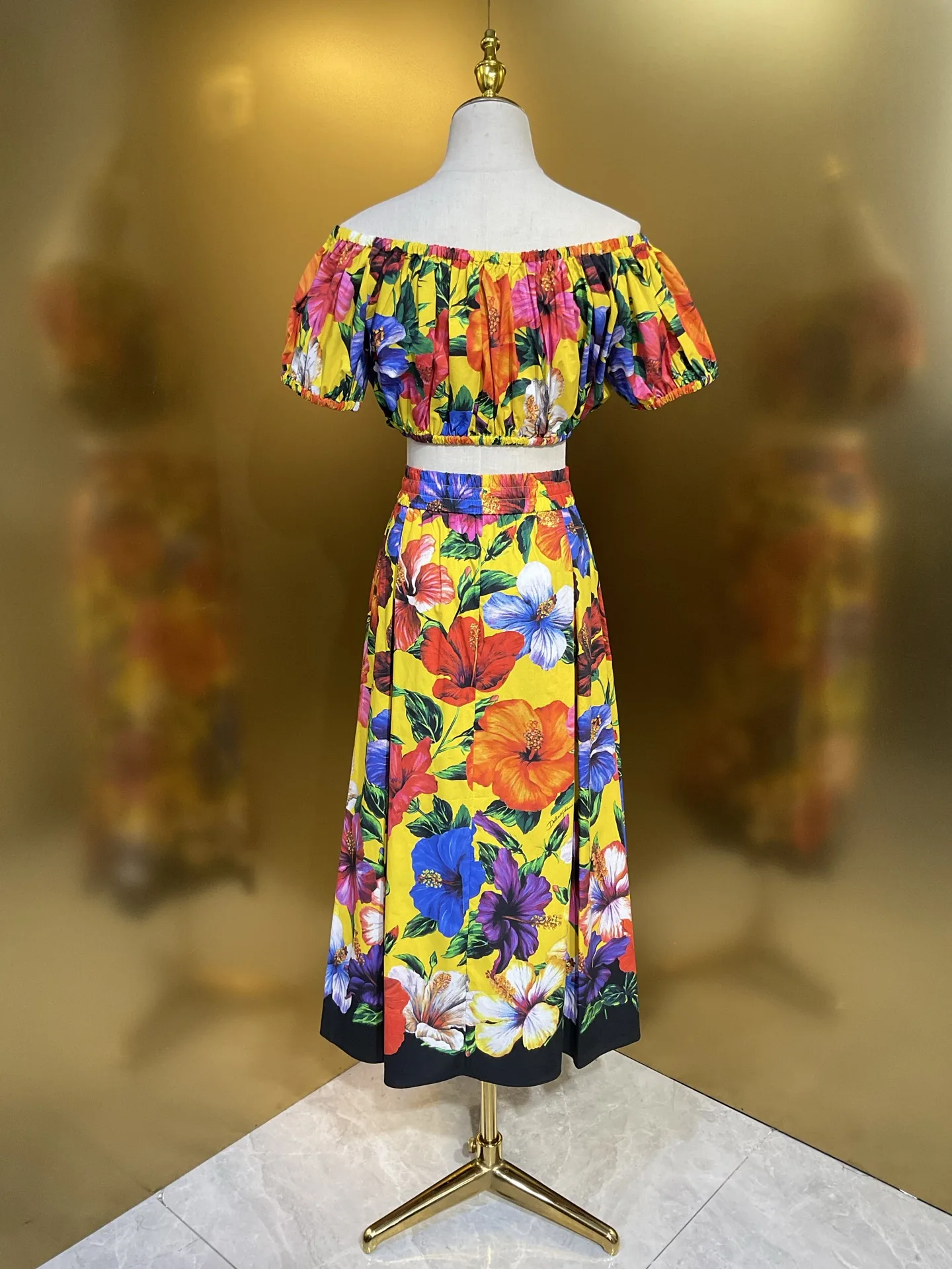 Luxury Designer Summer Women Floral Print 2 Piece Set High Quality Cotton Off-Shoulder Top & Maxi Skirt Fashion Vacation Outfit
