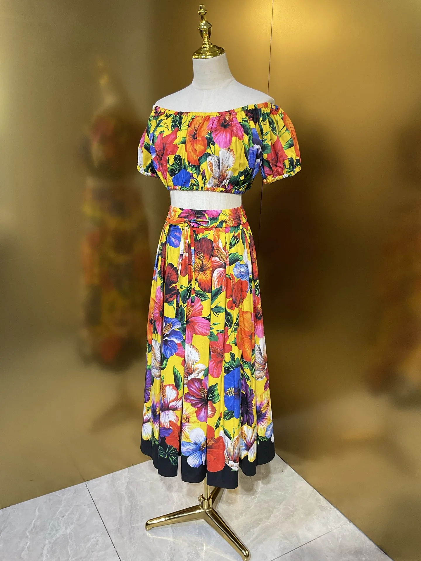 Luxury Designer Summer Women Floral Print 2 Piece Set High Quality Cotton Off-Shoulder Top & Maxi Skirt Fashion Vacation Outfit