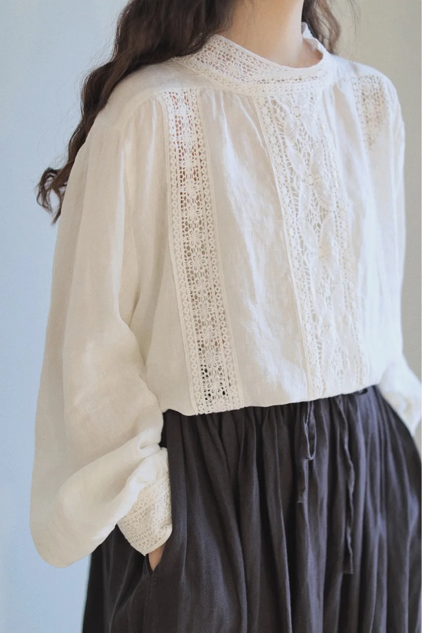 Johnature New Mori Linen Loose Hollow Out Women Shirts 2023 Spring Autumn Loose Vintage Solid Color Female Blouses