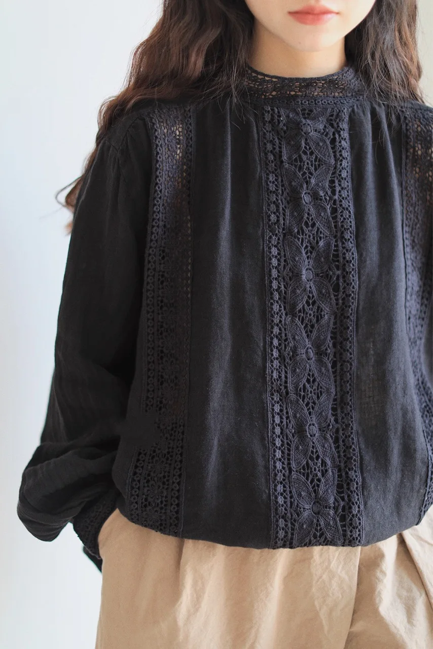 Johnature New Mori Linen Loose Hollow Out Women Shirts 2023 Spring Autumn Loose Vintage Solid Color Female Blouses