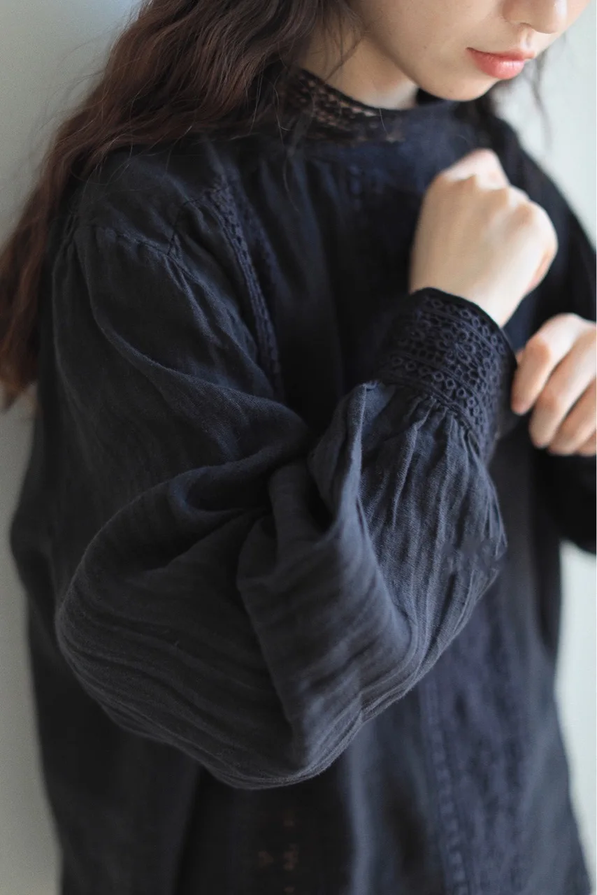 Johnature New Mori Linen Loose Hollow Out Women Shirts 2023 Spring Autumn Loose Vintage Solid Color Female Blouses