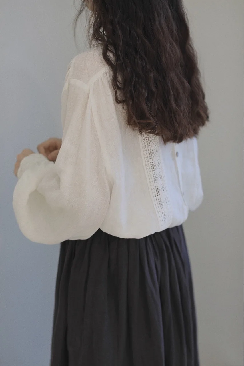 Johnature New Mori Linen Loose Hollow Out Women Shirts 2023 Spring Autumn Loose Vintage Solid Color Female Blouses