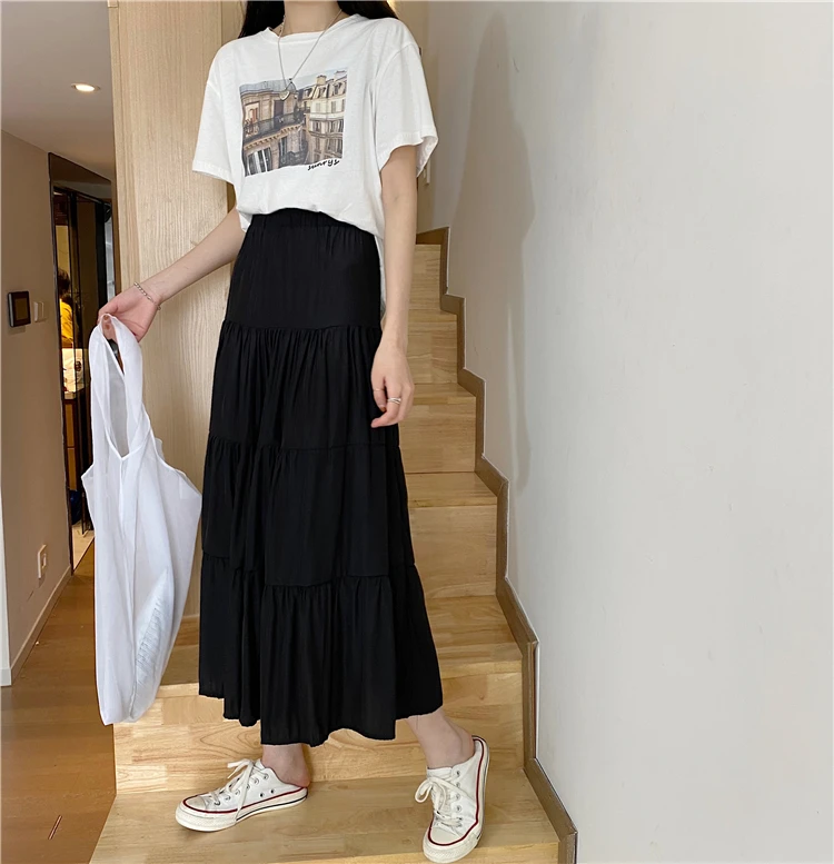 Spring Summer Women Chiffon Skirts Vintage High Waist Elastic Patchwork White Black Chic Long Cake A-line Skirt for Student