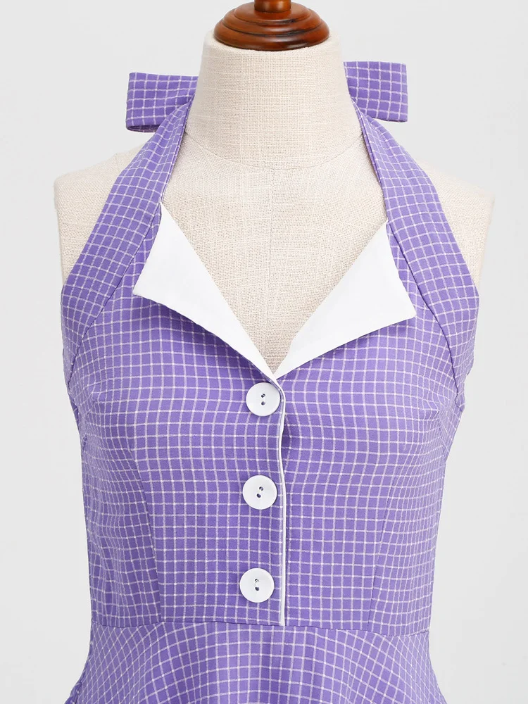 Tonval Button Up Plaid Vintage Fit and Flare Dress Summer Women Pinup Robe Halter Backless Evening Party Pockets Dresses