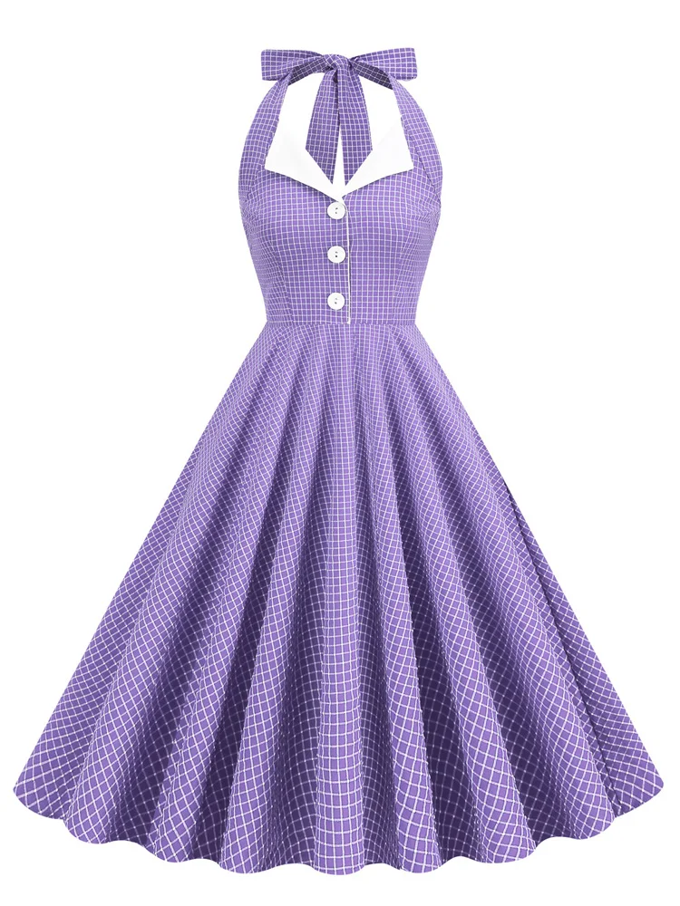 Tonval Button Up Plaid Vintage Fit and Flare Dress Summer Women Pinup Robe Halter Backless Evening Party Pockets Dresses
