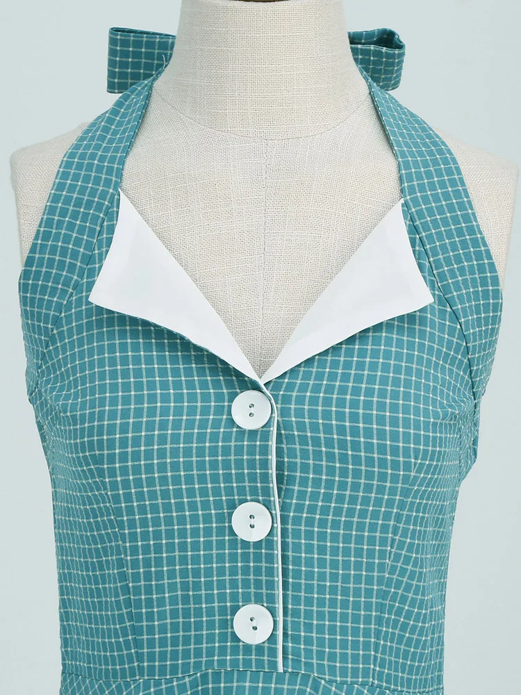 Tonval Button Up Plaid Vintage Fit and Flare Dress Summer Women Pinup Robe Halter Backless Evening Party Pockets Dresses