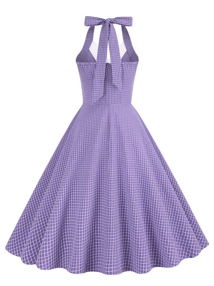 Tonval Button Up Plaid Vintage Fit and Flare Dress Summer Women Pinup Robe Halter Backless Evening Party Pockets Dresses