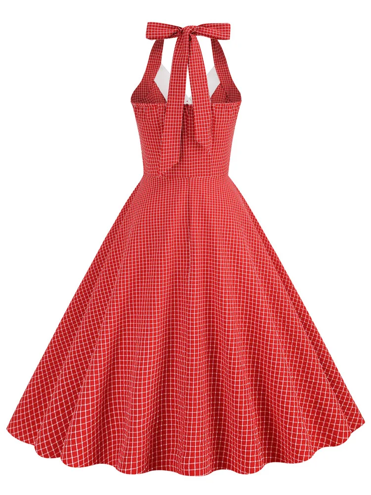 Tonval Button Up Plaid Vintage Fit and Flare Dress Summer Women Pinup Robe Halter Backless Evening Party Pockets Dresses