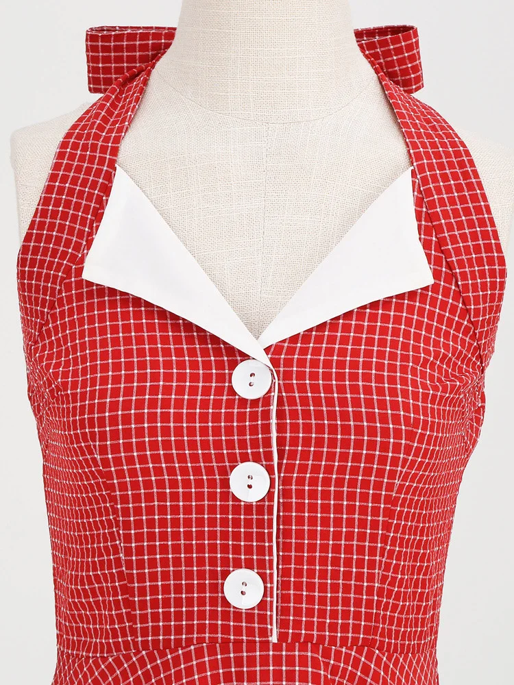 Tonval Button Up Plaid Vintage Fit and Flare Dress Summer Women Pinup Robe Halter Backless Evening Party Pockets Dresses