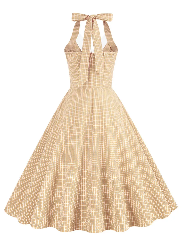 Tonval Button Up Plaid Vintage Fit and Flare Dress Summer Women Pinup Robe Halter Backless Evening Party Pockets Dresses