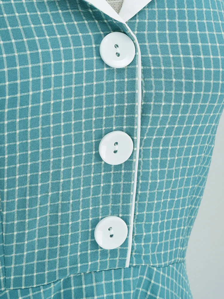 Tonval Button Up Plaid Vintage Fit and Flare Dress Summer Women Pinup Robe Halter Backless Evening Party Pockets Dresses