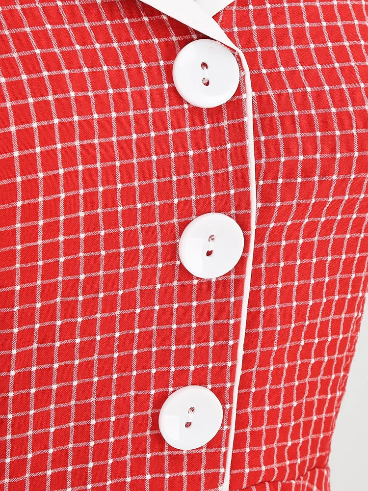 Tonval Button Up Plaid Vintage Fit and Flare Dress Summer Women Pinup Robe Halter Backless Evening Party Pockets Dresses