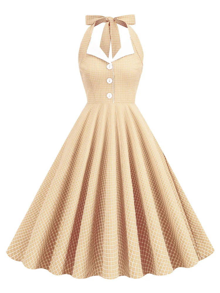 Tonval Button Up Plaid Vintage Fit and Flare Dress Summer Women Pinup Robe Halter Backless Evening Party Pockets Dresses