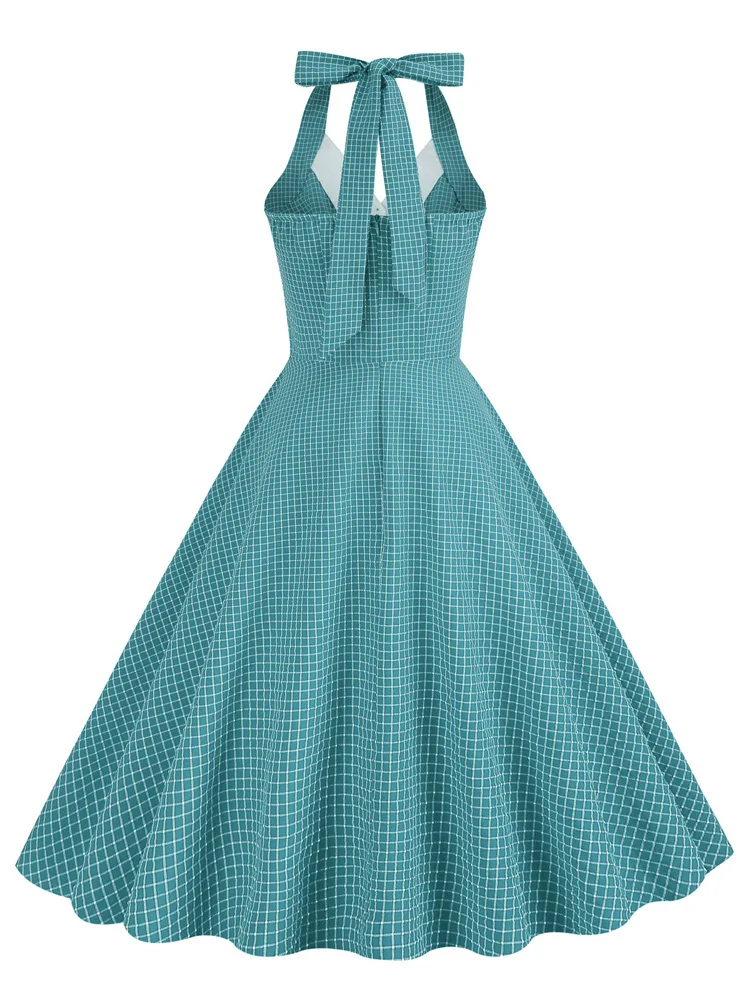 Tonval Button Up Plaid Vintage Fit and Flare Dress Summer Women Pinup Robe Halter Backless Evening Party Pockets Dresses