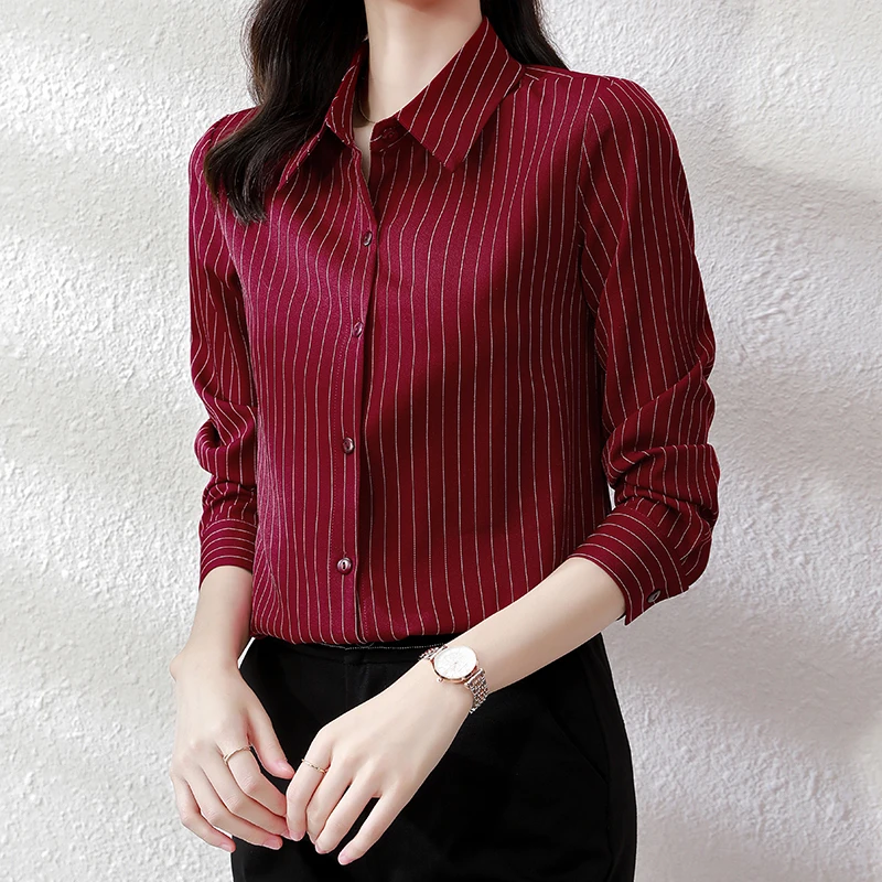 QOERLIN High End Striped Shirt Female OL Formal Temperament Long Sleeve Tops Blouse Women Turn-Down Collar Loose Casual Blusas