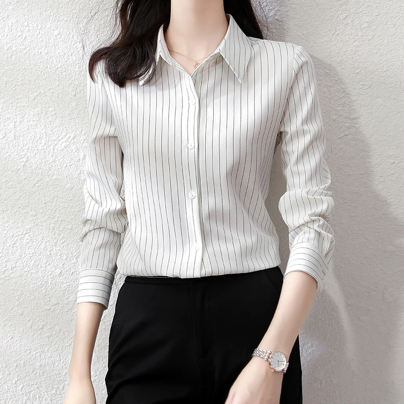 QOERLIN High End Striped Shirt Female OL Formal Temperament Long Sleeve Tops Blouse Women Turn-Down Collar Loose Casual Blusas