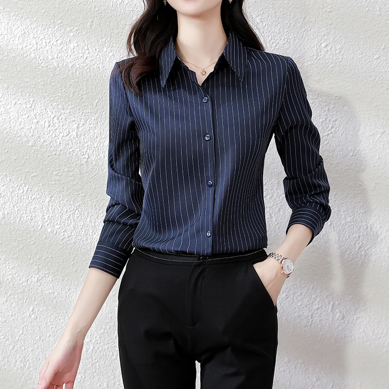 QOERLIN High End Striped Shirt Female OL Formal Temperament Long Sleeve Tops Blouse Women Turn-Down Collar Loose Casual Blusas