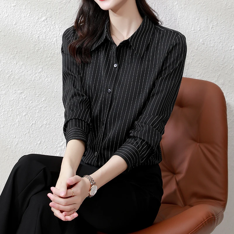 QOERLIN High End Striped Shirt Female OL Formal Temperament Long Sleeve Tops Blouse Women Turn-Down Collar Loose Casual Blusas