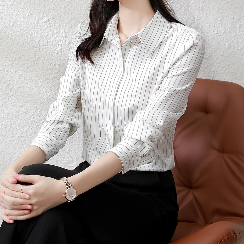 QOERLIN High End Striped Shirt Female OL Formal Temperament Long Sleeve Tops Blouse Women Turn-Down Collar Loose Casual Blusas