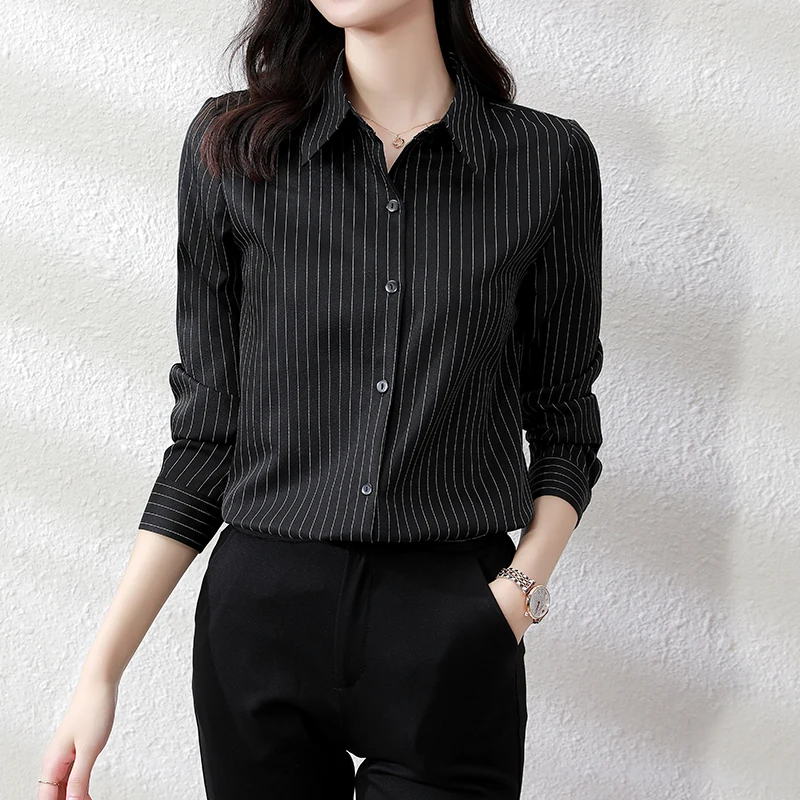 QOERLIN High End Striped Shirt Female OL Formal Temperament Long Sleeve Tops Blouse Women Turn-Down Collar Loose Casual Blusas
