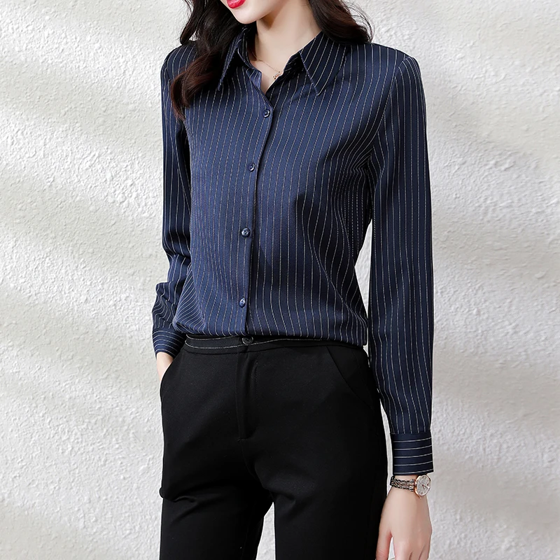 QOERLIN High End Striped Shirt Female OL Formal Temperament Long Sleeve Tops Blouse Women Turn-Down Collar Loose Casual Blusas