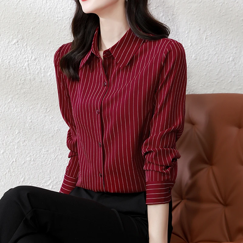 QOERLIN High End Striped Shirt Female OL Formal Temperament Long Sleeve Tops Blouse Women Turn-Down Collar Loose Casual Blusas