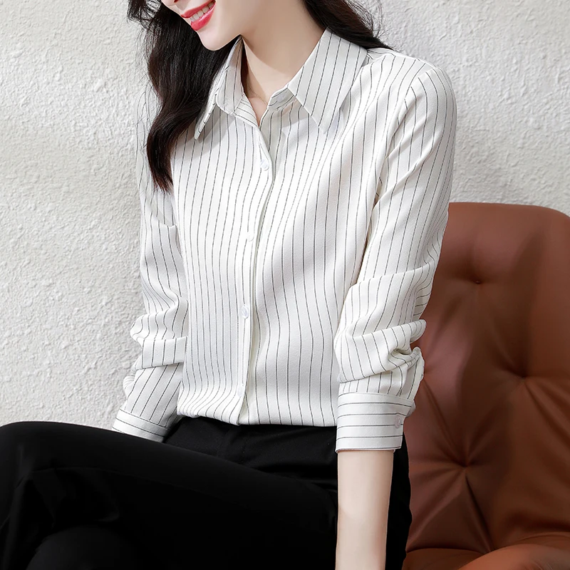 QOERLIN High End Striped Shirt Female OL Formal Temperament Long Sleeve Tops Blouse Women Turn-Down Collar Loose Casual Blusas