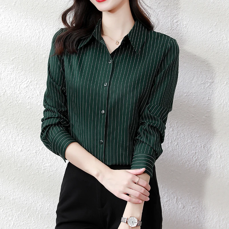 QOERLIN High End Striped Shirt Female OL Formal Temperament Long Sleeve Tops Blouse Women Turn-Down Collar Loose Casual Blusas