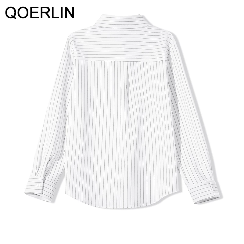 QOERLIN High End Striped Shirt Female OL Formal Temperament Long Sleeve Tops Blouse Women Turn-Down Collar Loose Casual Blusas