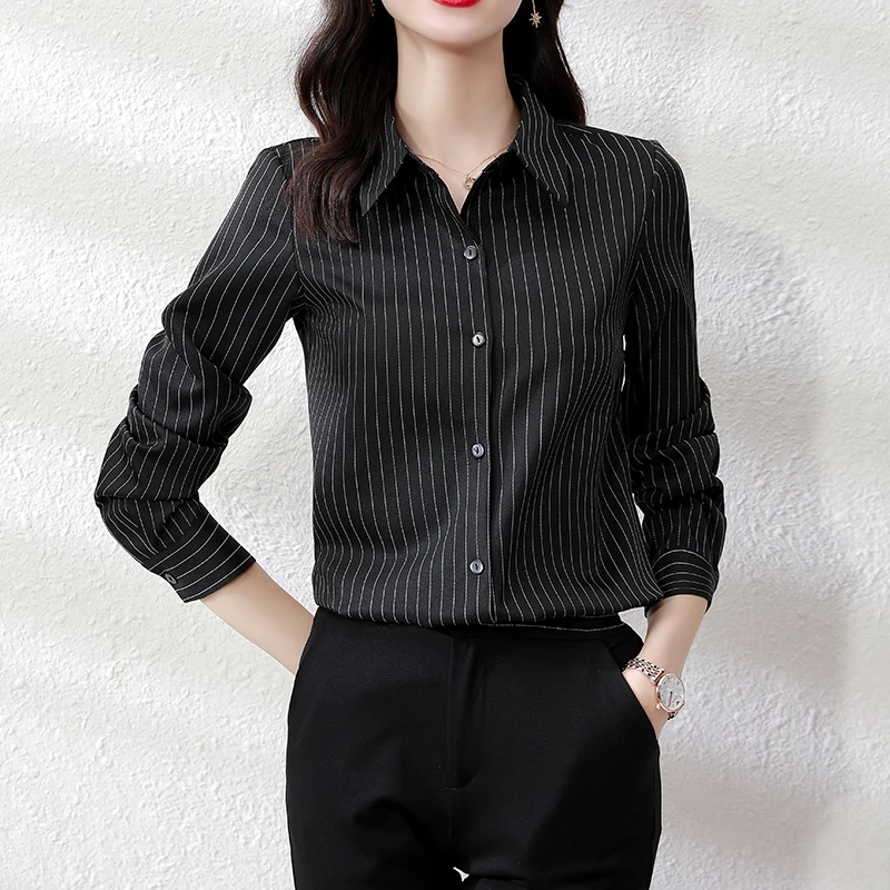 QOERLIN High End Striped Shirt Female OL Formal Temperament Long Sleeve Tops Blouse Women Turn-Down Collar Loose Casual Blusas