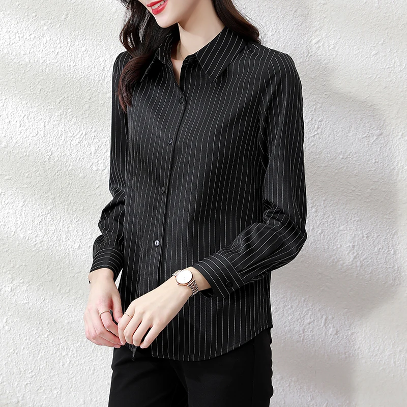 QOERLIN High End Striped Shirt Female OL Formal Temperament Long Sleeve Tops Blouse Women Turn-Down Collar Loose Casual Blusas