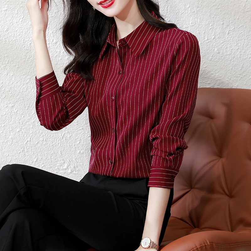 QOERLIN High End Striped Shirt Female OL Formal Temperament Long Sleeve Tops Blouse Women Turn-Down Collar Loose Casual Blusas