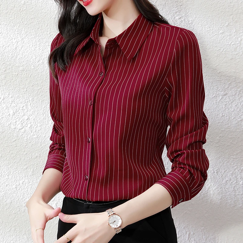 QOERLIN High End Striped Shirt Female OL Formal Temperament Long Sleeve Tops Blouse Women Turn-Down Collar Loose Casual Blusas