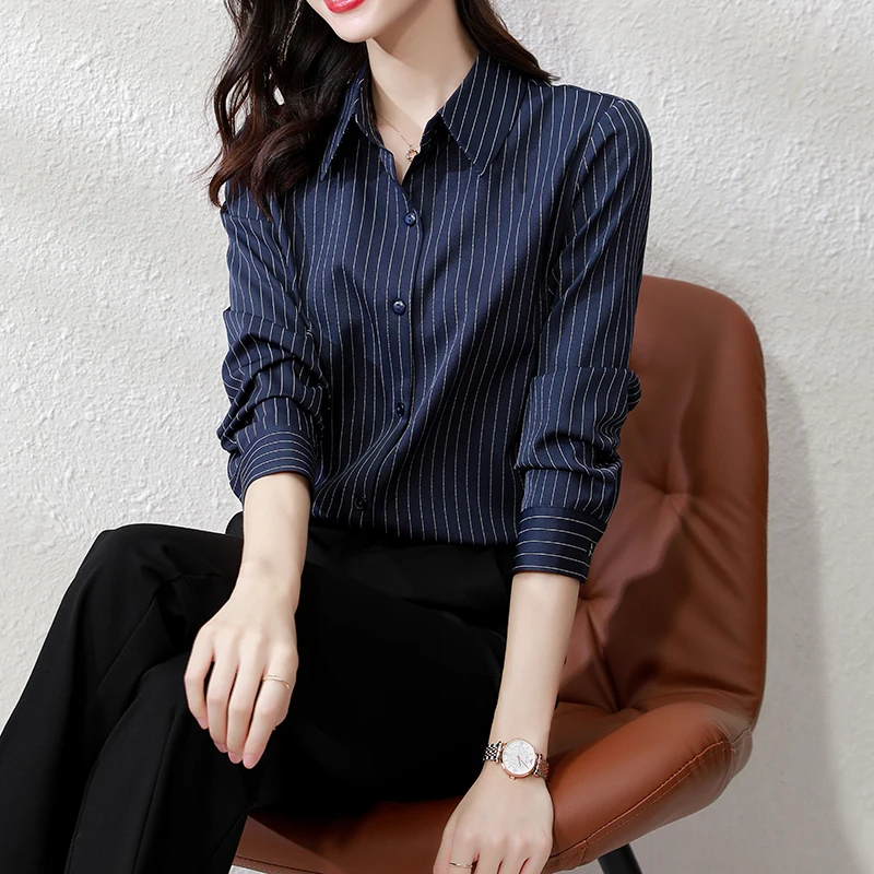 QOERLIN High End Striped Shirt Female OL Formal Temperament Long Sleeve Tops Blouse Women Turn-Down Collar Loose Casual Blusas