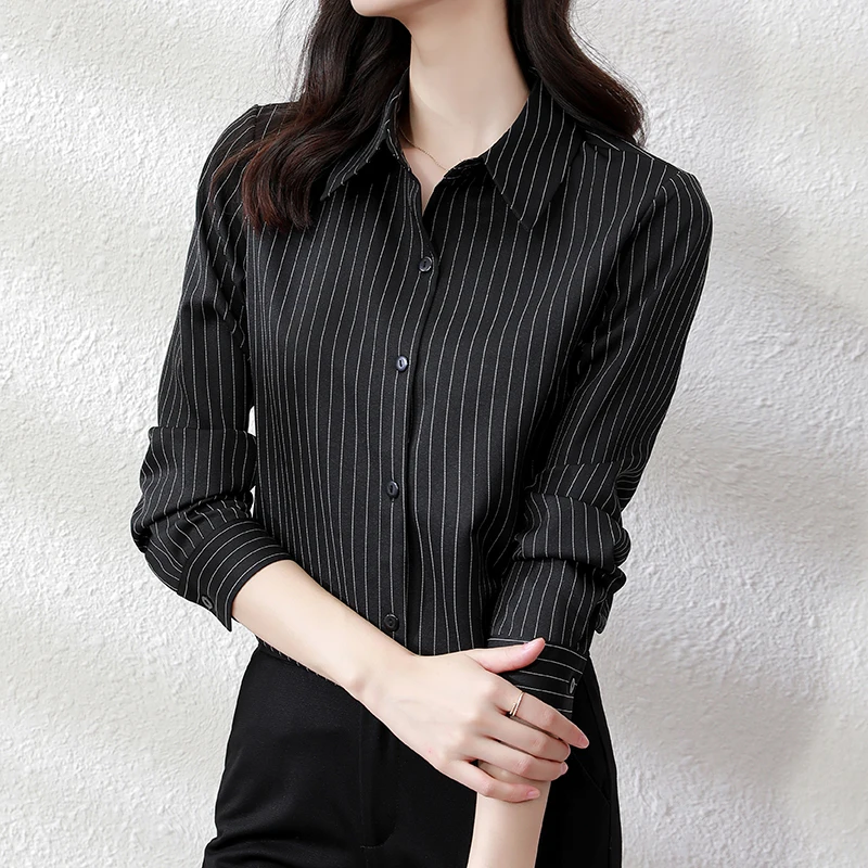 QOERLIN High End Striped Shirt Female OL Formal Temperament Long Sleeve Tops Blouse Women Turn-Down Collar Loose Casual Blusas