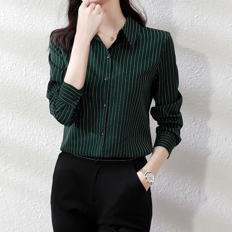 QOERLIN High End Striped Shirt Female OL Formal Temperament Long Sleeve Tops Blouse Women Turn-Down Collar Loose Casual Blusas