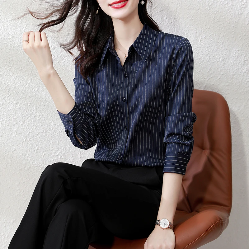 QOERLIN High End Striped Shirt Female OL Formal Temperament Long Sleeve Tops Blouse Women Turn-Down Collar Loose Casual Blusas