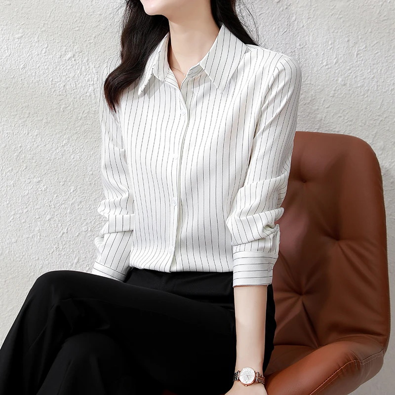 QOERLIN High End Striped Shirt Female OL Formal Temperament Long Sleeve Tops Blouse Women Turn-Down Collar Loose Casual Blusas