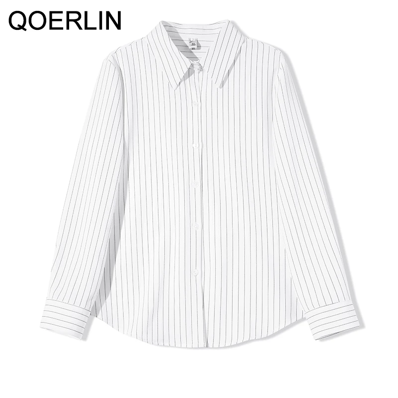 QOERLIN High End Striped Shirt Female OL Formal Temperament Long Sleeve Tops Blouse Women Turn-Down Collar Loose Casual Blusas