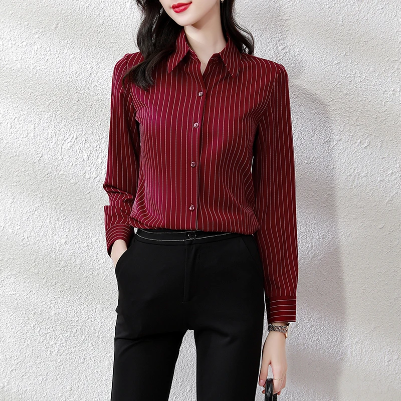 QOERLIN High End Striped Shirt Female OL Formal Temperament Long Sleeve Tops Blouse Women Turn-Down Collar Loose Casual Blusas