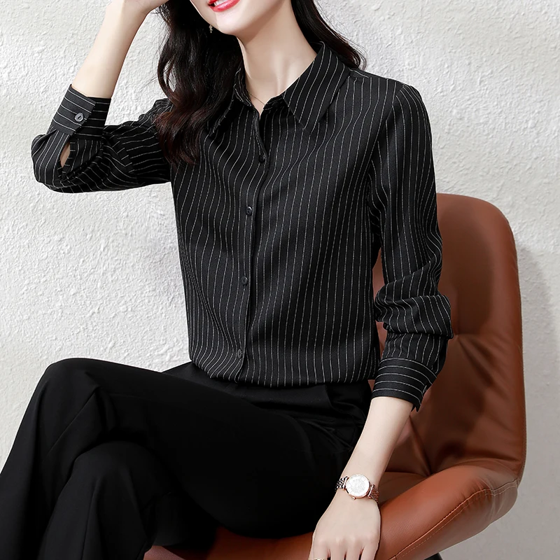 QOERLIN High End Striped Shirt Female OL Formal Temperament Long Sleeve Tops Blouse Women Turn-Down Collar Loose Casual Blusas