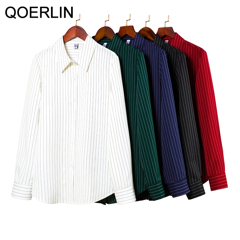 QOERLIN High End Striped Shirt Female OL Formal Temperament Long Sleeve Tops Blouse Women Turn-Down Collar Loose Casual Blusas