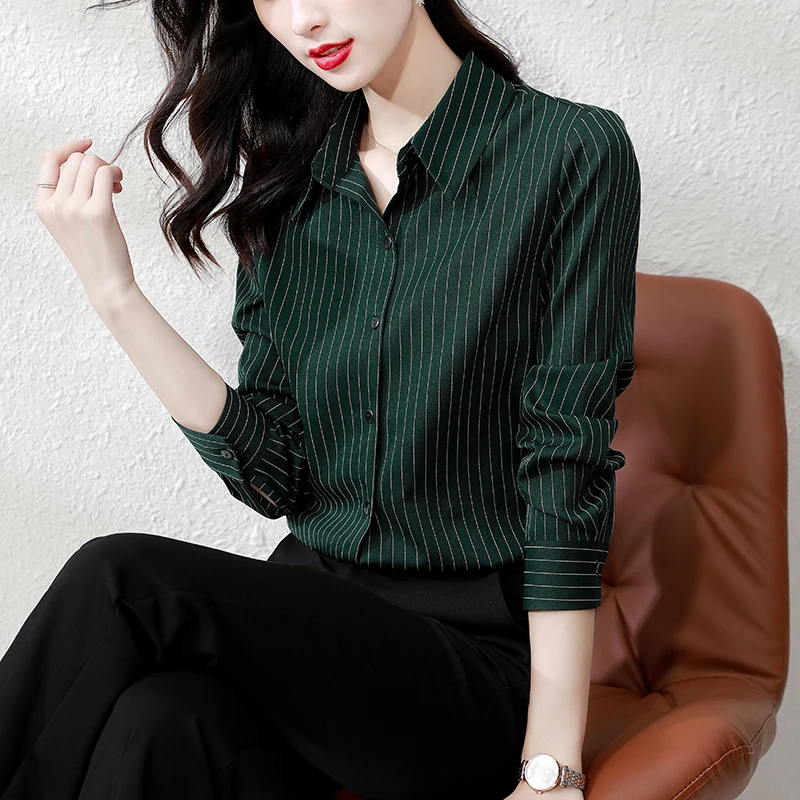 QOERLIN High End Striped Shirt Female OL Formal Temperament Long Sleeve Tops Blouse Women Turn-Down Collar Loose Casual Blusas