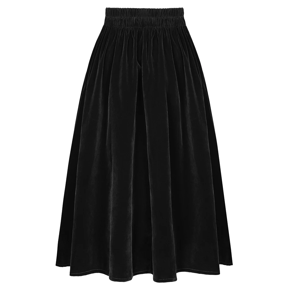SISHION 2026 New Women Autumn Winter Skirt Pockets SS0032 Black Blue A Line Retro Vintage High Waist Long Midi Velvet Skirt