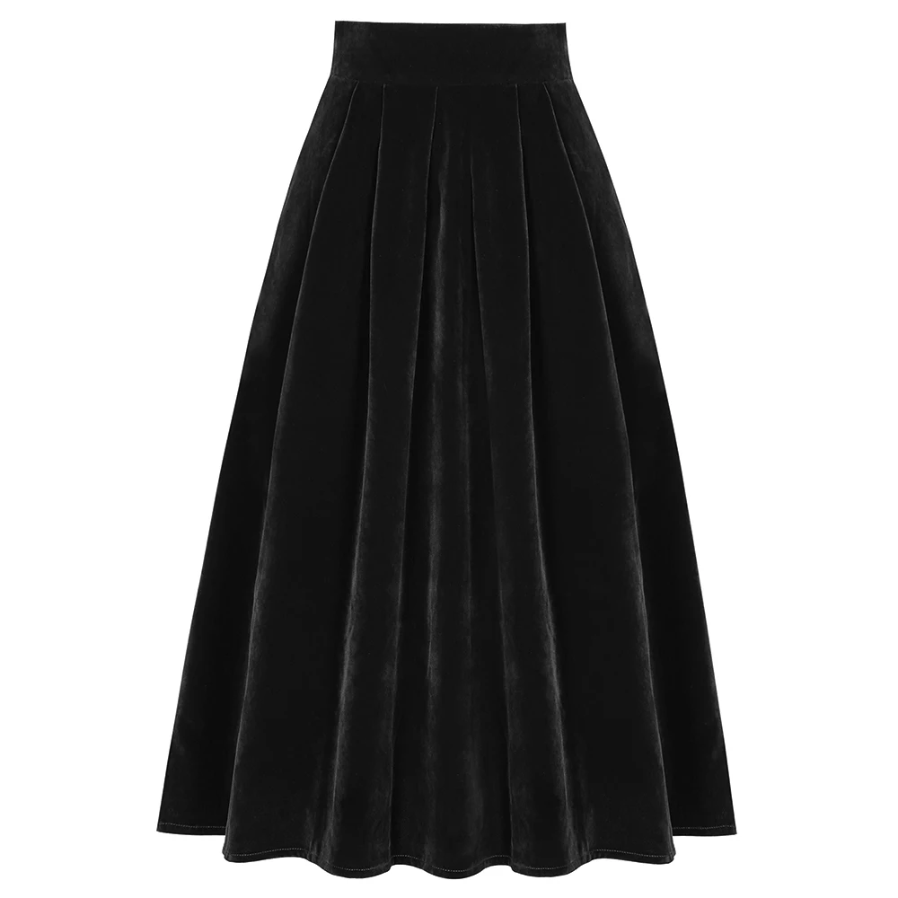 SISHION 2026 New Women Autumn Winter Skirt Pockets SS0032 Black Blue A Line Retro Vintage High Waist Long Midi Velvet Skirt