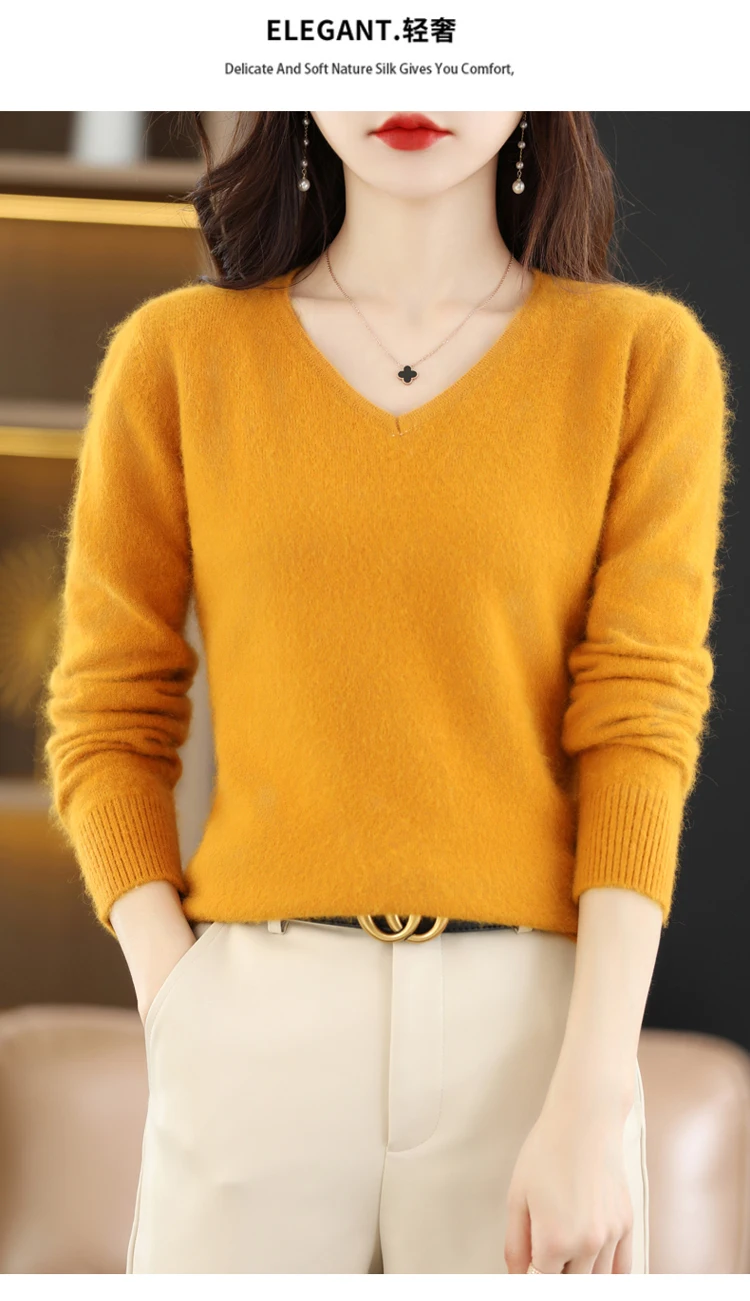 Autumn and Winter New Women's Sweater 100% Mink Cashmere Women's V-neck Pullover Casual Knitting Basic Fashion Large Top