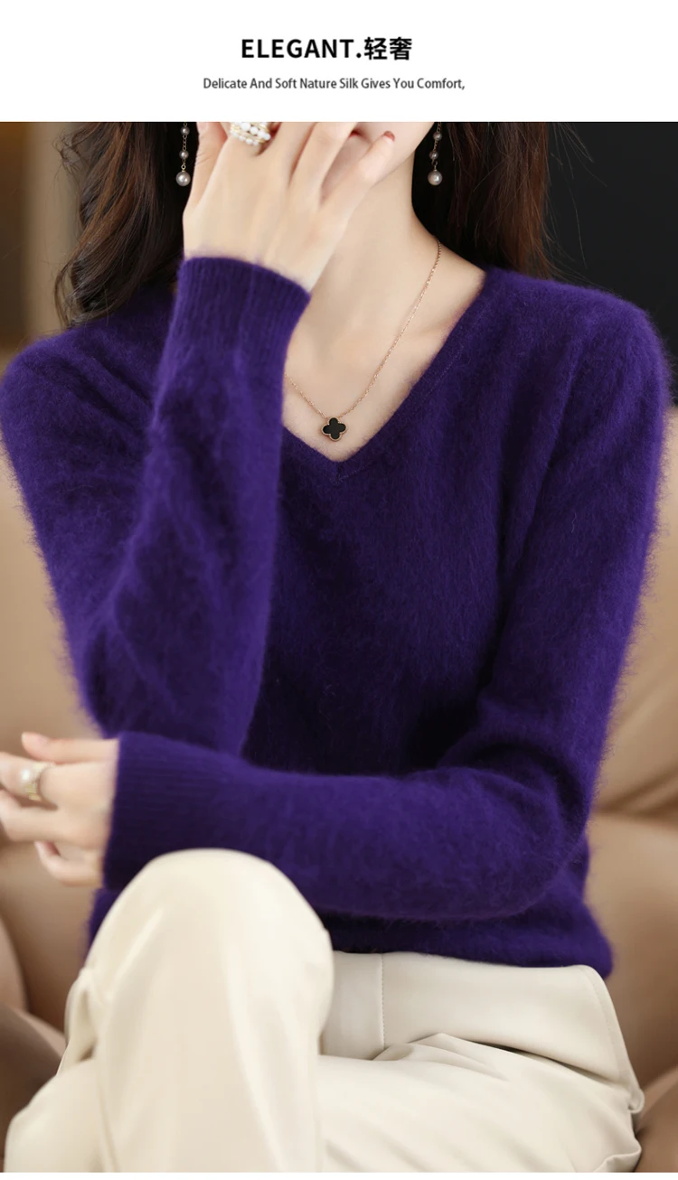 Autumn and Winter New Women's Sweater 100% Mink Cashmere Women's V-neck Pullover Casual Knitting Basic Fashion Large Top